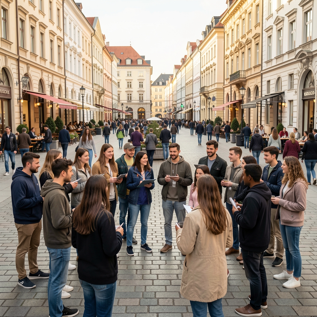 Raznolik krug mladih Europljana na javnom prostoru europskog grada, multikulturalnost i civilno sudjelovanje