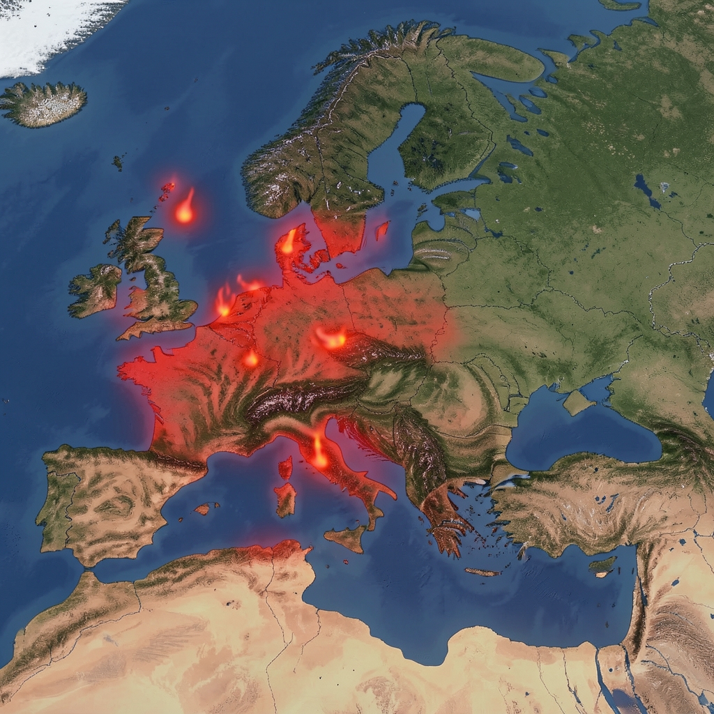 Satelitska snimka Europe s označenim vrućim točkama klimatskih promjena, toplinski valovi i suše prikazani infracrvenom slikom