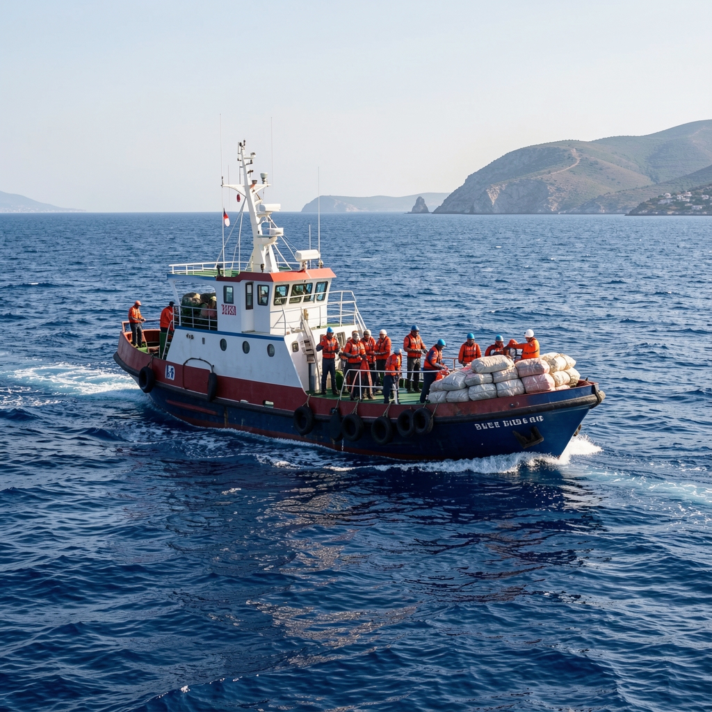 Brodovi na Mediteranu u operaciji prihvata migranata, spasilačka brodica i humanitarno osoblje na moru