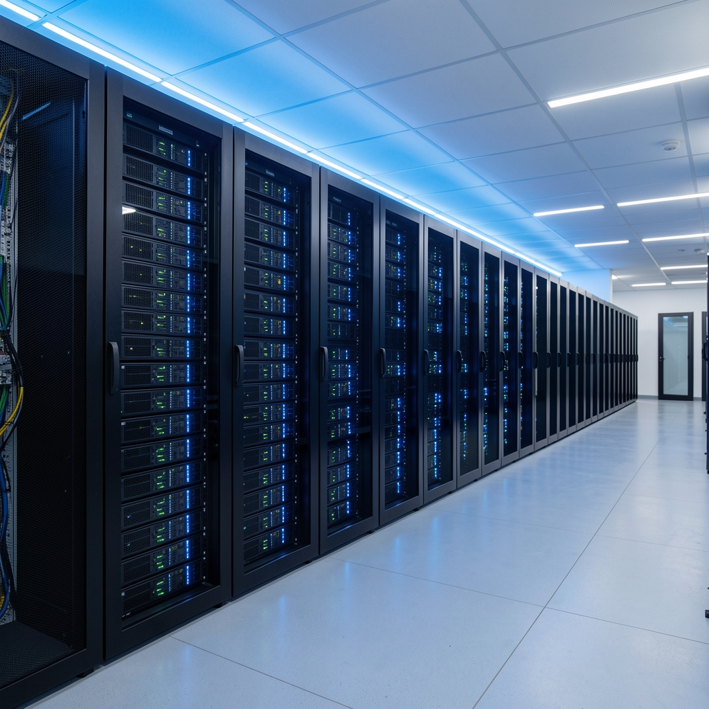 Moderan server data centar s plavim LED osvjetljenjem i redovima servera koji simboliziraju infrastrukturu umjetne inteligencije