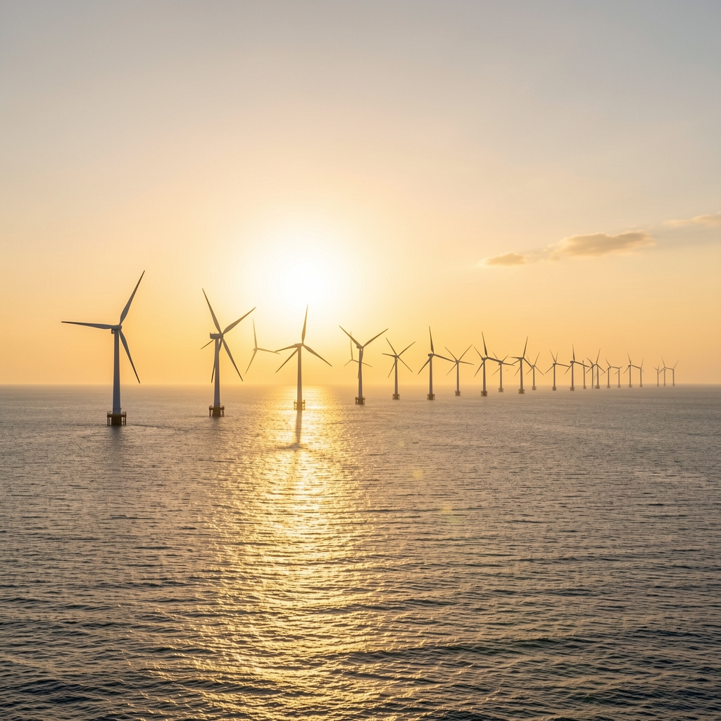 Morska vjetroelektrana s nizom bijelih turbina koje se protežu do horizonta na mirnom moru u zlatnom sat sunca, simbol moderne zelene energetike u Europi