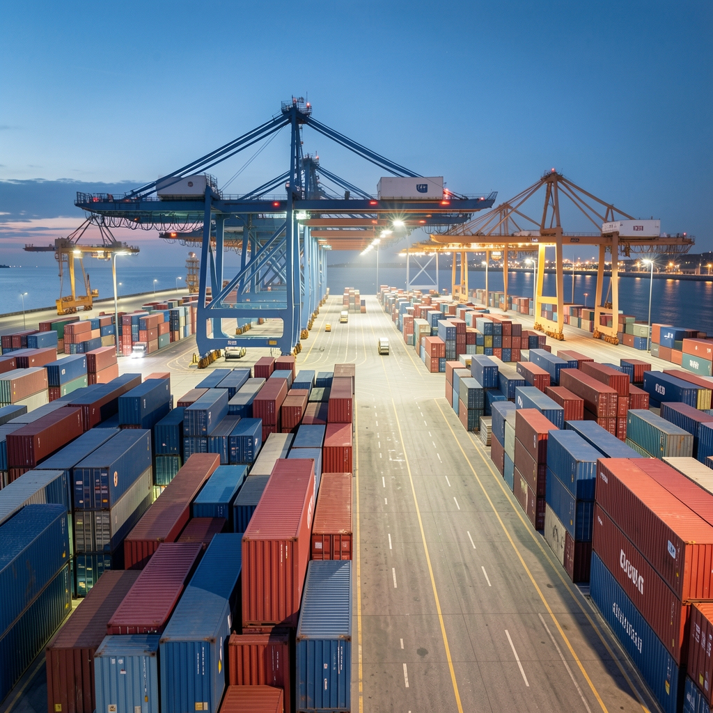 Kontejnerski terminal u luci s kranovima i redovima kontejnera u plavim i crvenim bojama, simbolizirajući globalnu pomorsku trgovinu i logistiku