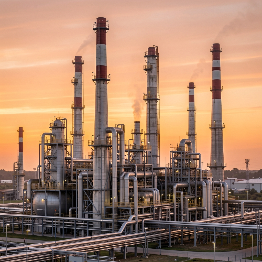 Industrijska postrojenja za preradu prirodnog plina s visokim dimnjacima i cjevovodnom infrastrukturom, fotografirani u sumrak s narančastim nebom u pozadini